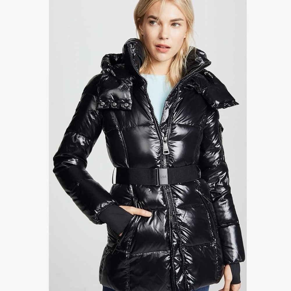 SAM. Glossy Black Puffer Jacket with Belt